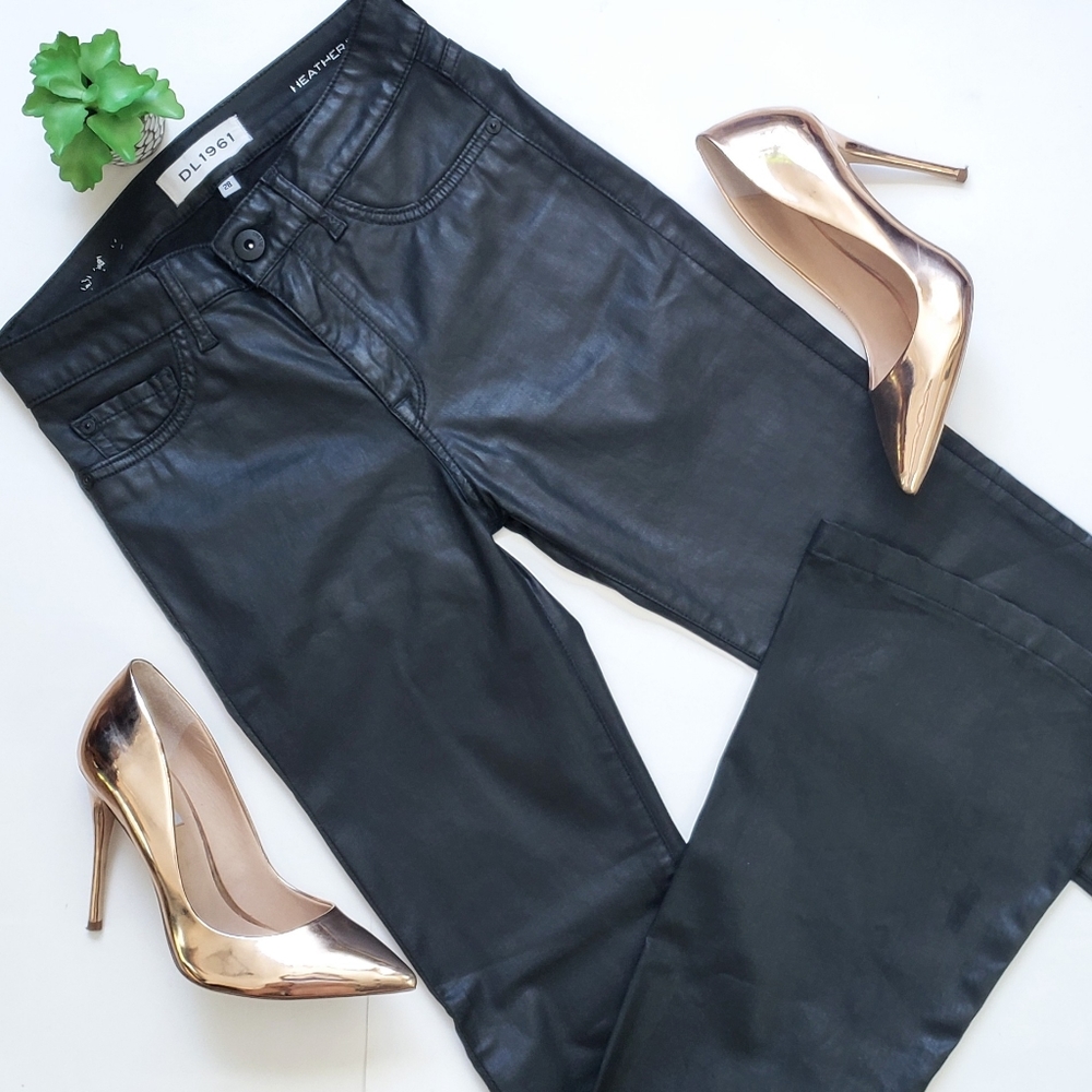 DL1961 Heather High Rise Flare Jeans Black Coated Waxed Oilslick Size 28